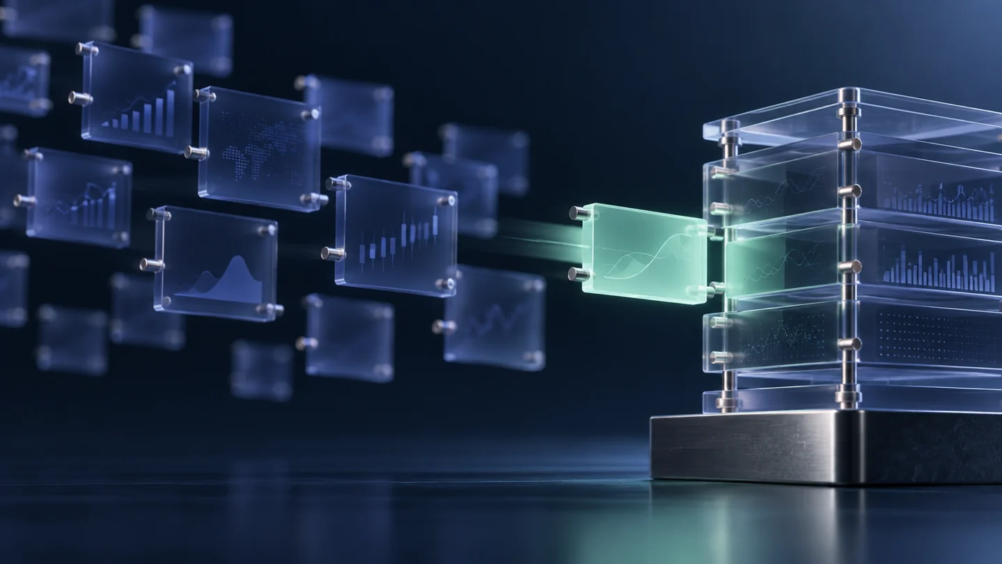 Indigo glass data tiles form a structured stack, illustrating financial information organized for an API.
