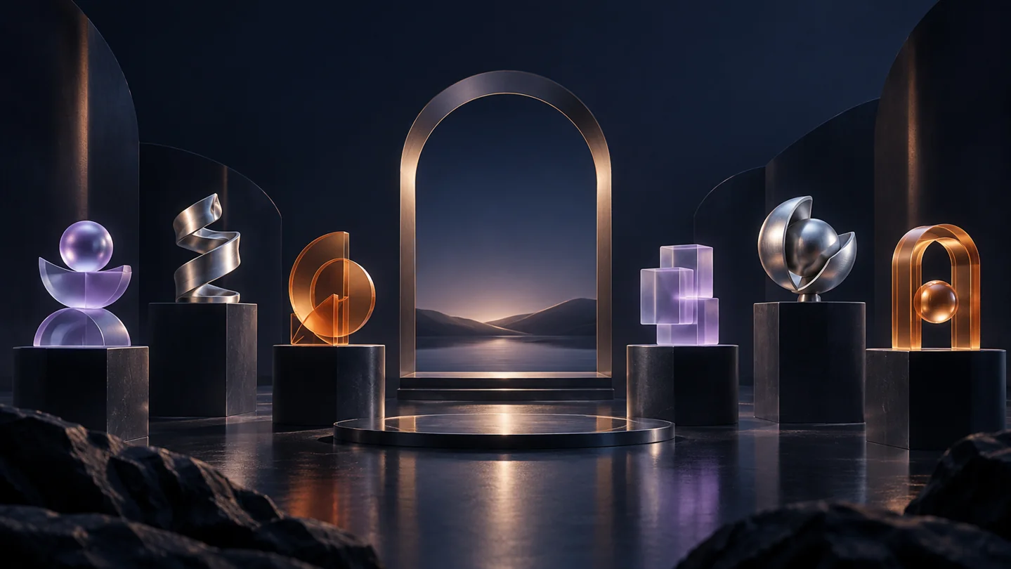 A gallery of distinct glass and metal sculptures illustrates a marketplace of specialized AI agents.