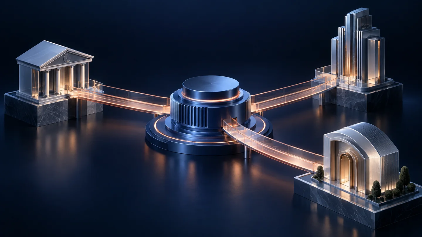 Glass pathways connect financial buildings to a central hub, illustrating coordinated financial agent workflows.
