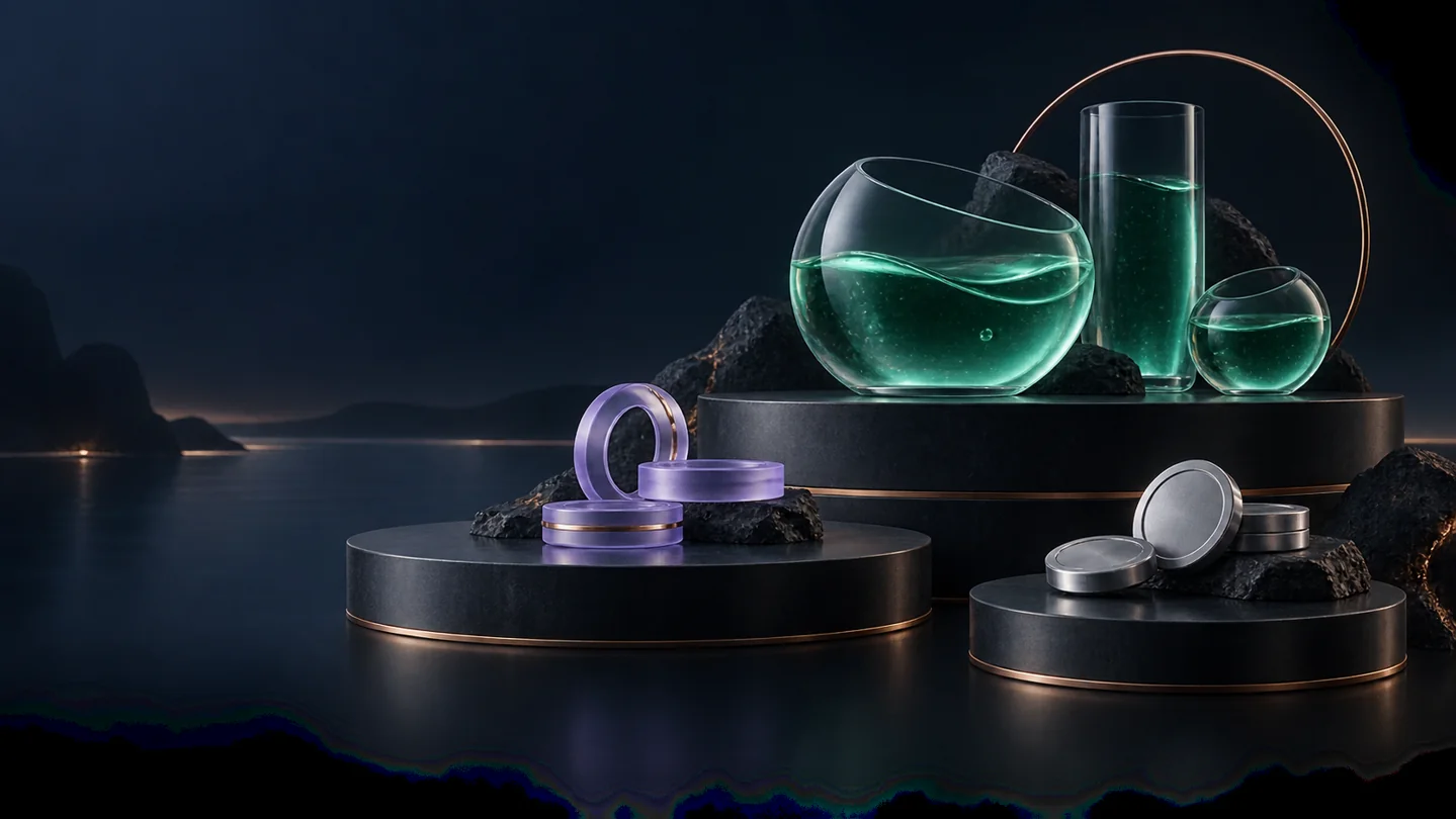 Emerald vessels, lavender rings and silver tokens illustrate different DeFi portfolio positions.