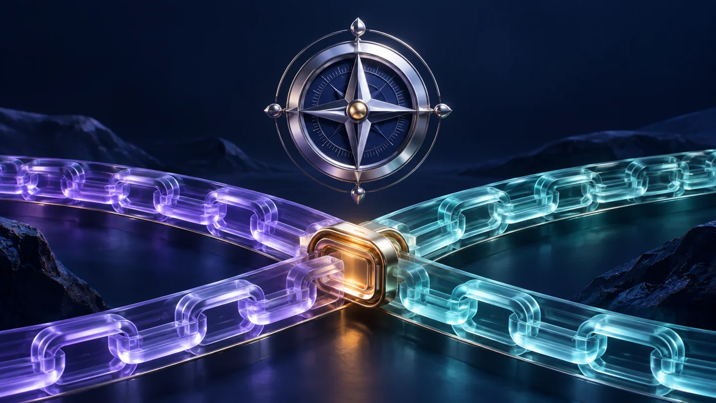 A metallic compass over intersecting glass pathways illustrates a crypto agent following a defined task.