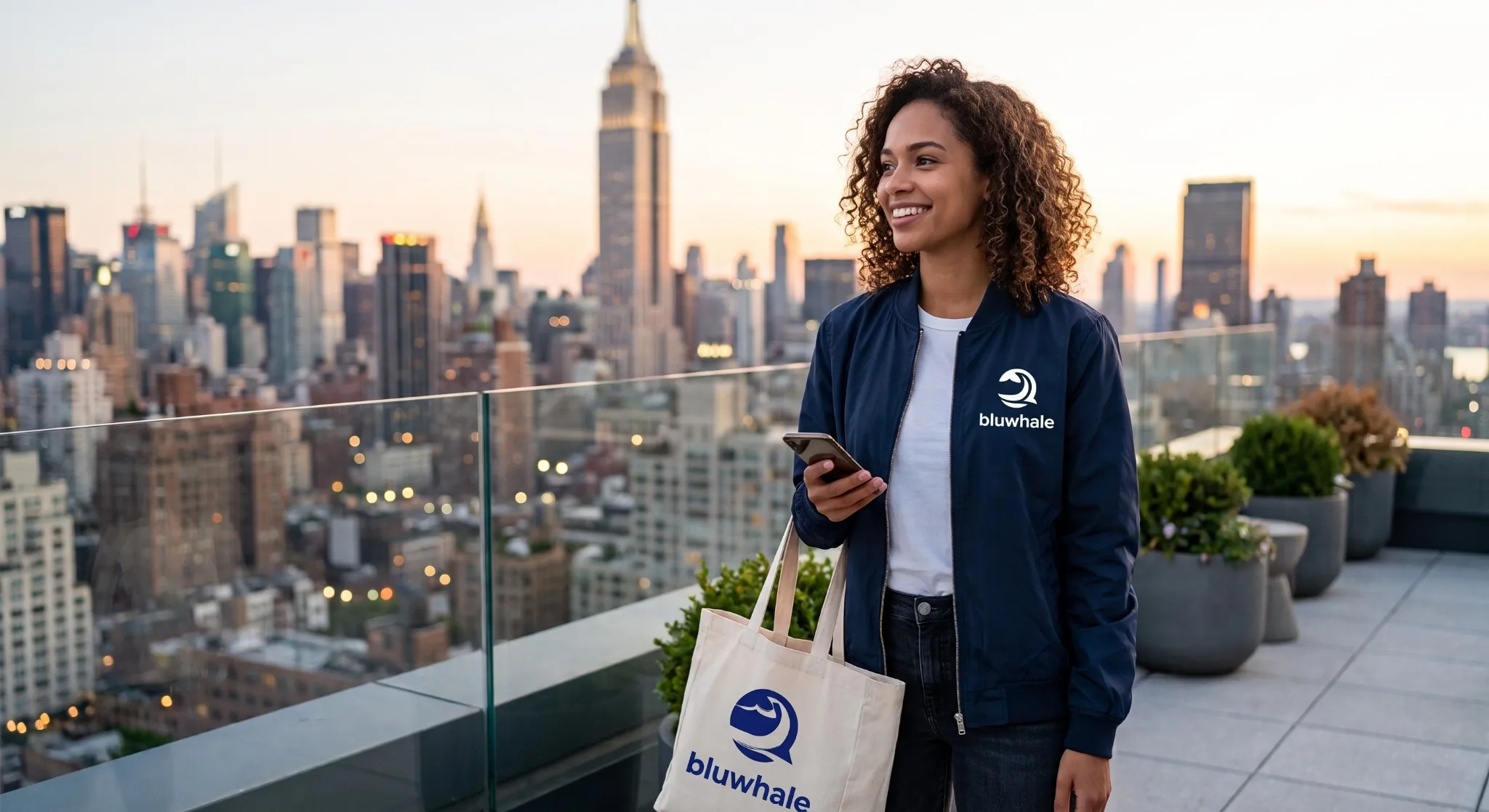 Woman holding a smartphone on a city rooftop, wearing a Bluwhale jacket and carrying a Bluwhale tote bag.
