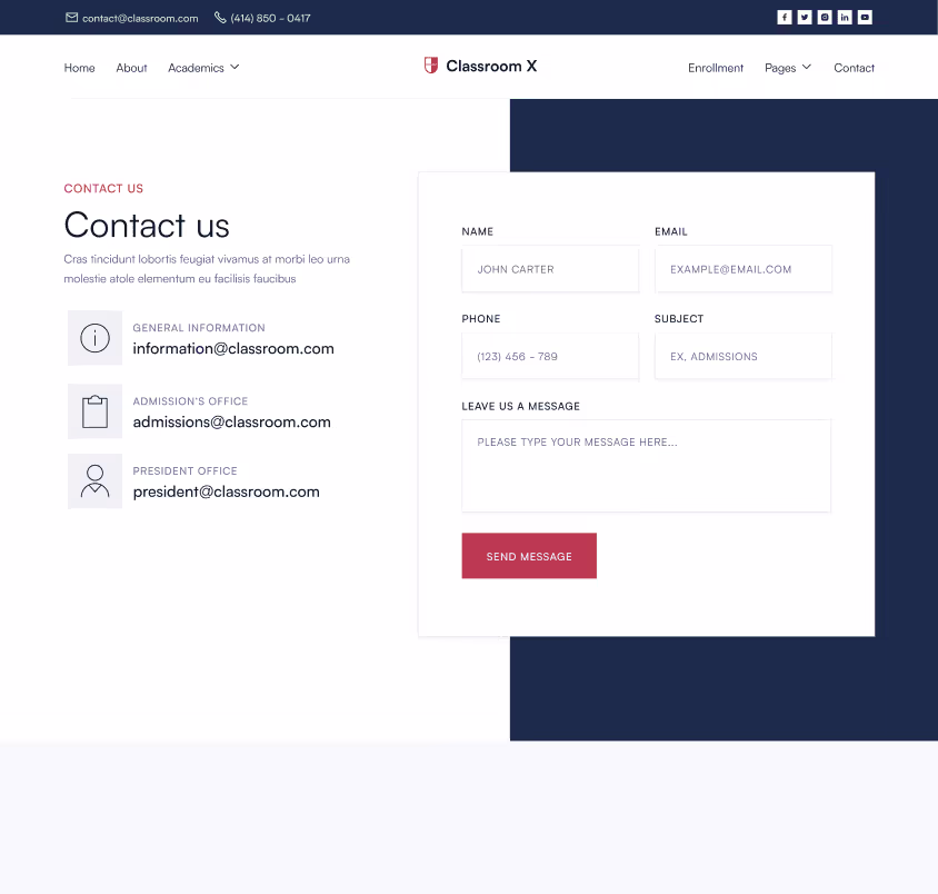 Classroom X - Contact Page - Home Page - University Webflow Template
