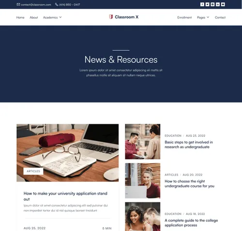 Classroom X - Blog Page - Home Page - University Webflow Template