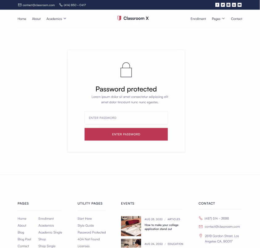 Classroom X - Password Protected Page - Home Page - University Webflow Template 
