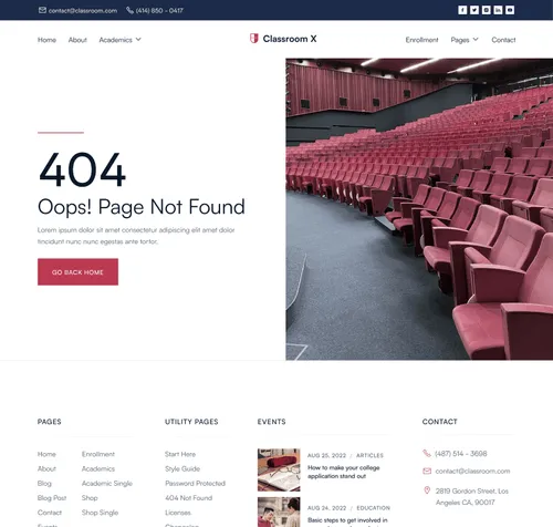 Classroom X - 404 Page - Home Page - University Webflow Template