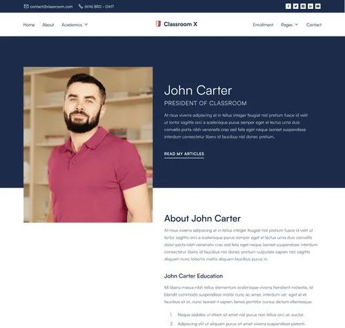 Classroom X - Teacher Page - Home Page - University Webflow Template