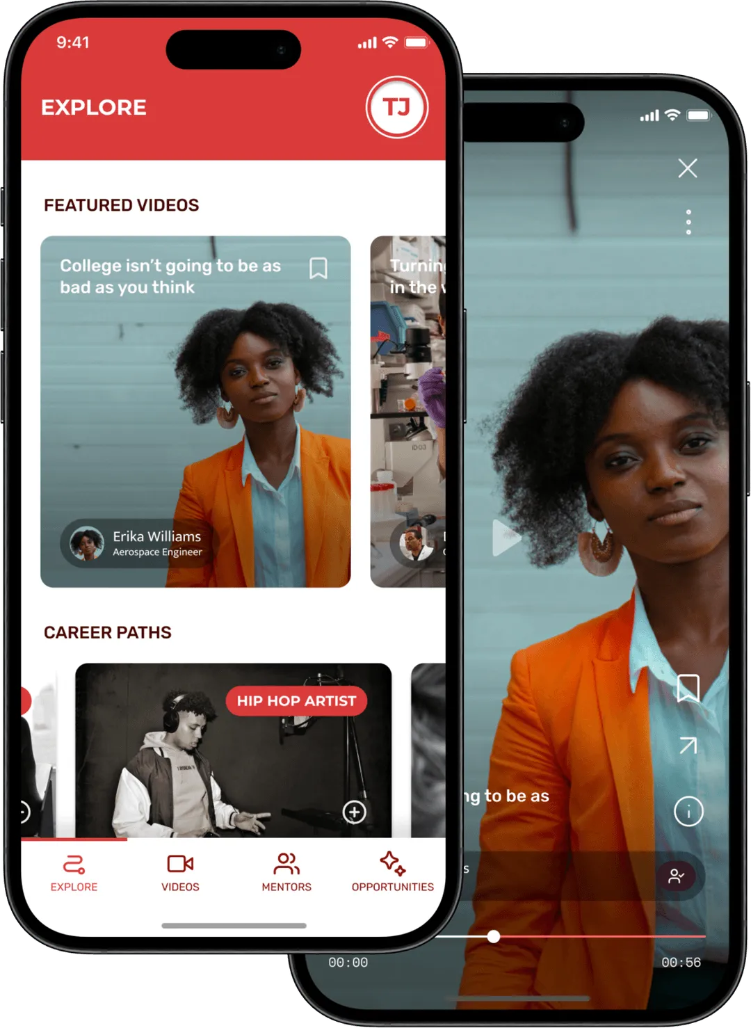 The P3 app home page featuring latest video replies from student Mentors and career advice.