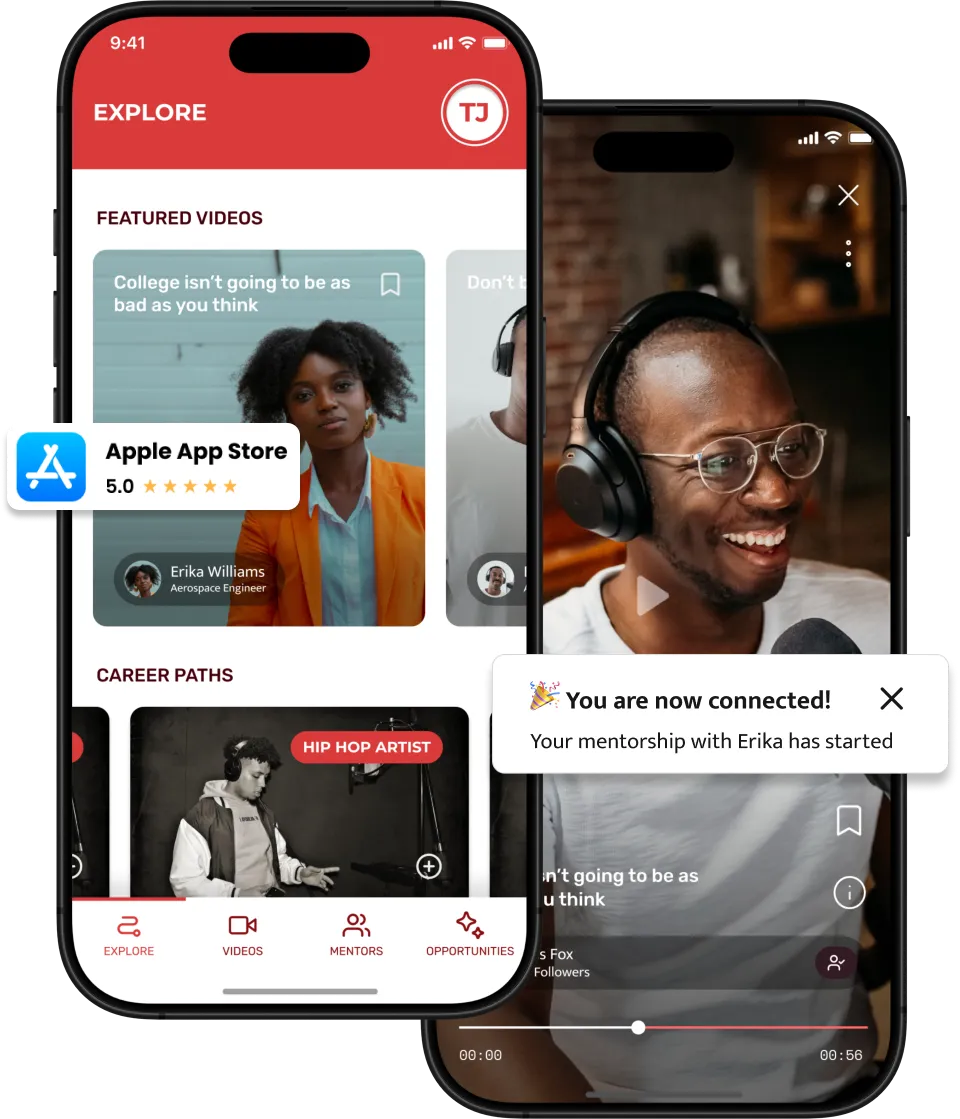Two smartphones displaying a mentorship app with featured videos, career paths, and a connection confirmation message.