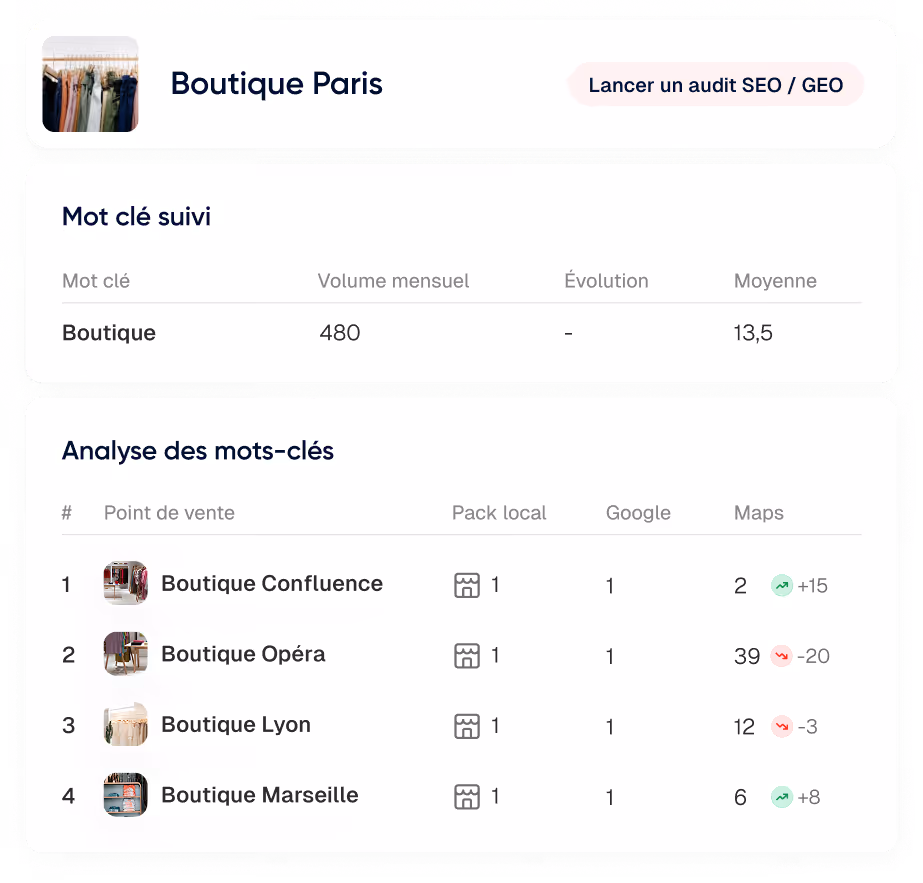Tableau de suivi SEO pour Boutique Paris affichant le mot clé 'Boutique' avec un volume mensuel de 480, analyse des mots-clés pour quatre boutiques locales avec leurs positions dans Pack local, Google et Maps, incluant des variations de position.