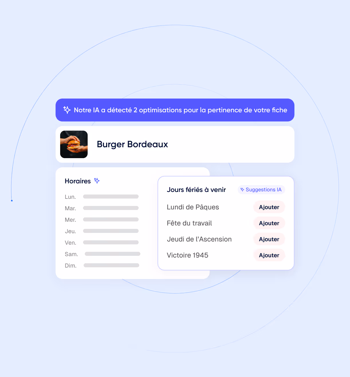 Interface d'optimisation avec photo d'un burger, horaires de la semaine et liste de jours fériés français à venir avec option d'ajout.