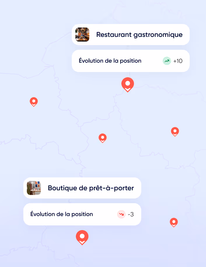 Carte avec des repères de localisation et deux encadrés: un pour un restaurant gastronomique avec une évolution positive de position de +10, un autre pour une boutique de prêt-à-porter avec une évolution négative de position de -3.
