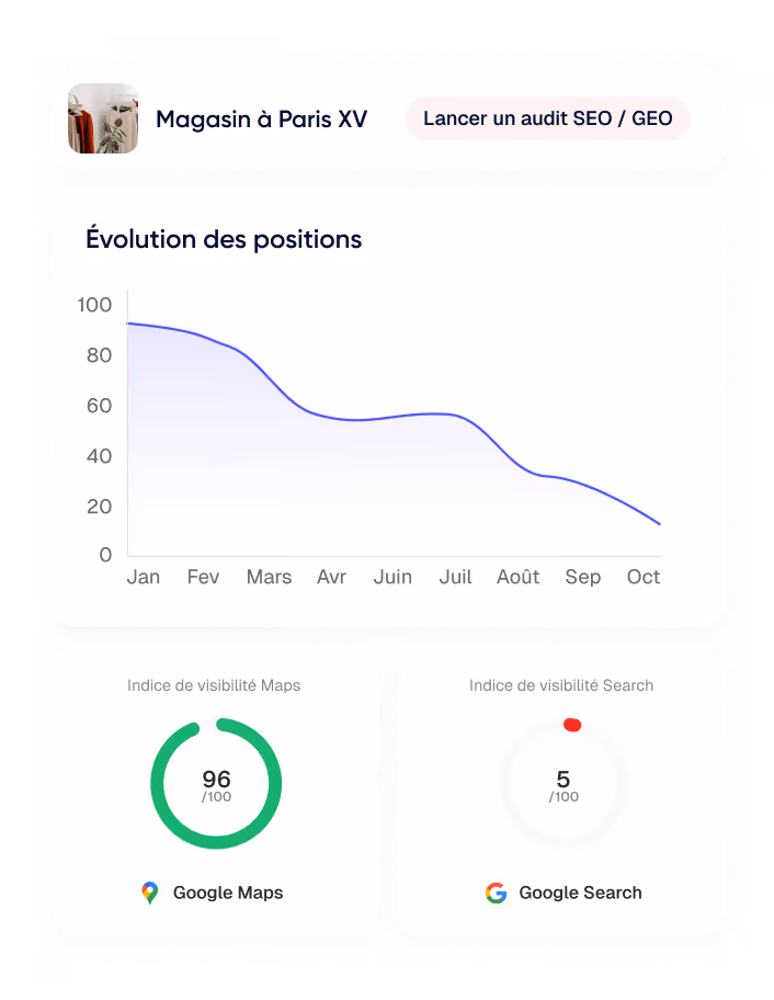 Tableau de bord SEO pour Magasin à Paris XV montrant une courbe en baisse de l'évolution des positions de janvier à octobre, avec un indice de visibilité Google Maps très élevé à 96/100 et un indice de visibilité Google Search très bas à 5/100.