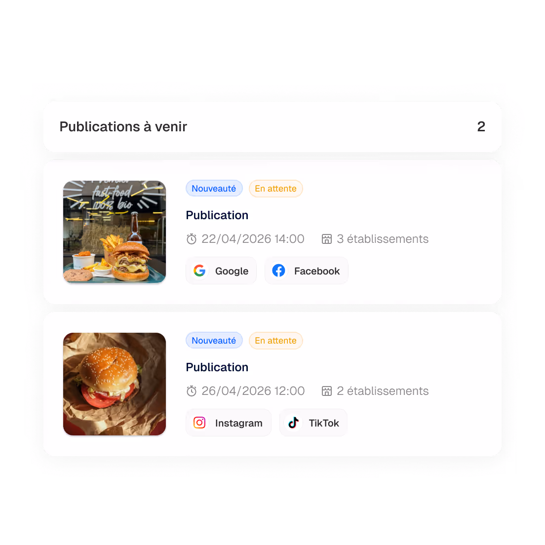 Tableau des publications à venir avec deux entrées montrant des burgers et leurs dates de publication prévues sur Google, Facebook, Instagram et TikTok.