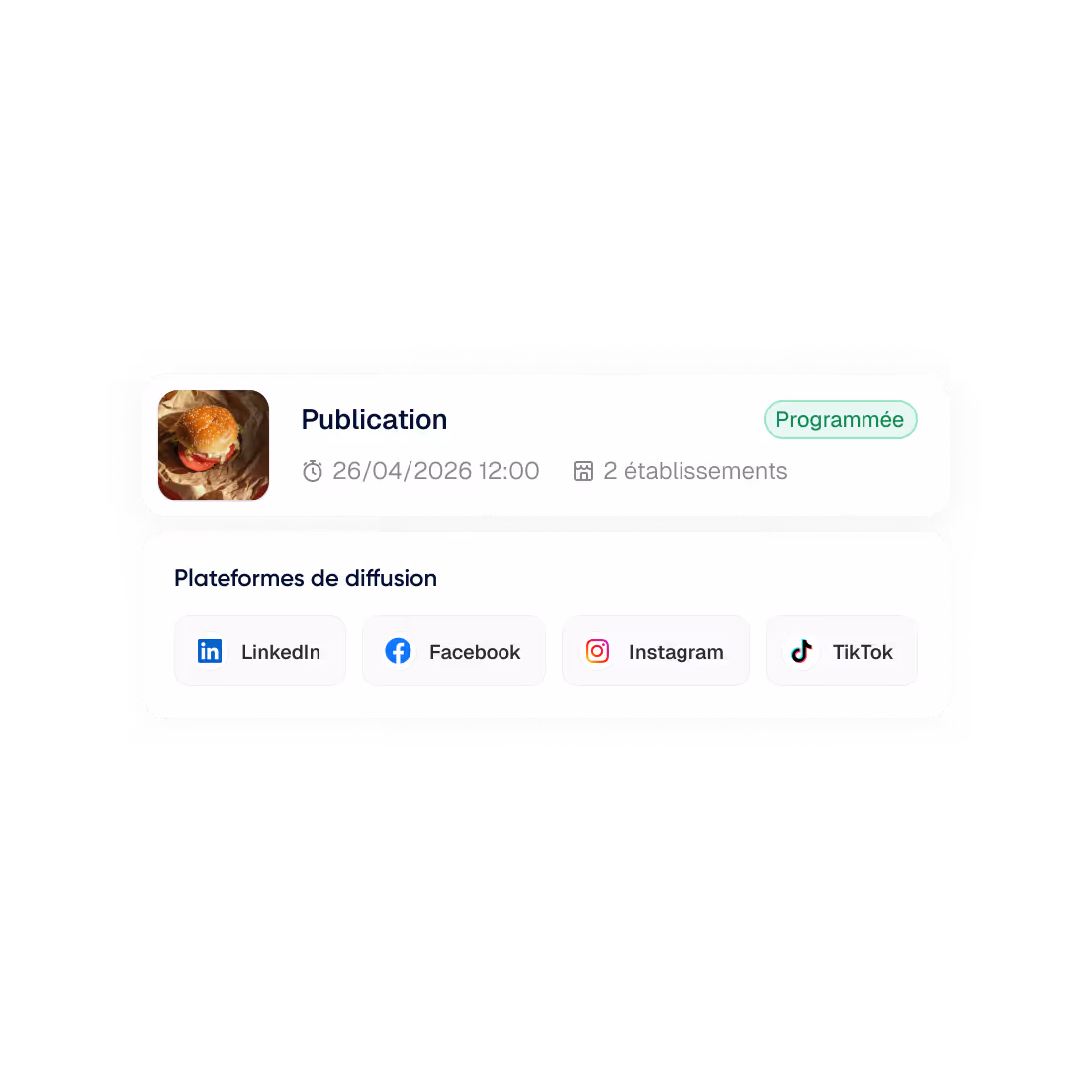 Publication programmée avec image d'un hamburger, prévue le 26/04/2026 à 12h, pour 2 établissements, diffusion sur LinkedIn, Facebook, Instagram et TikTok.