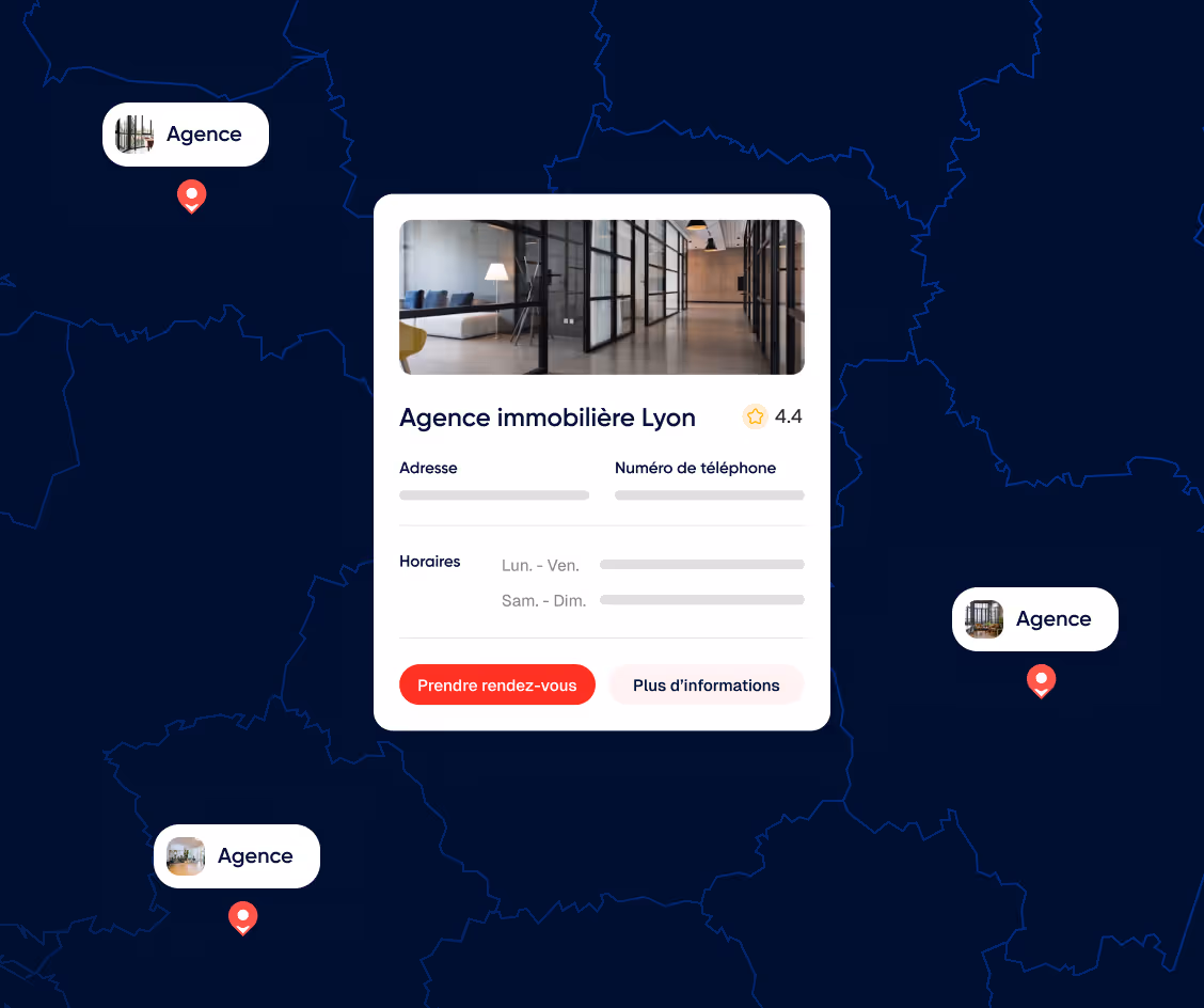 Carte avec des emplacements d'agences immobilières marquées par des icônes de localisation rouges et une fenêtre affichant les détails d'une agence immobilière à Lyon avec une note de 4,4 étoiles.