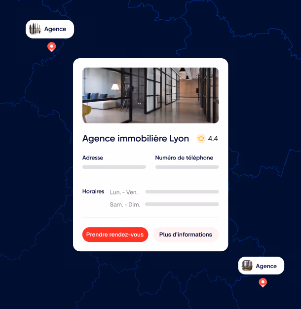 Carte avec une fiche d'agence immobilière à Lyon montrant une image de bureau moderne, note 4,4 étoiles, adresse, téléphone, horaires, et boutons pour prendre rendez-vous et plus d'informations.