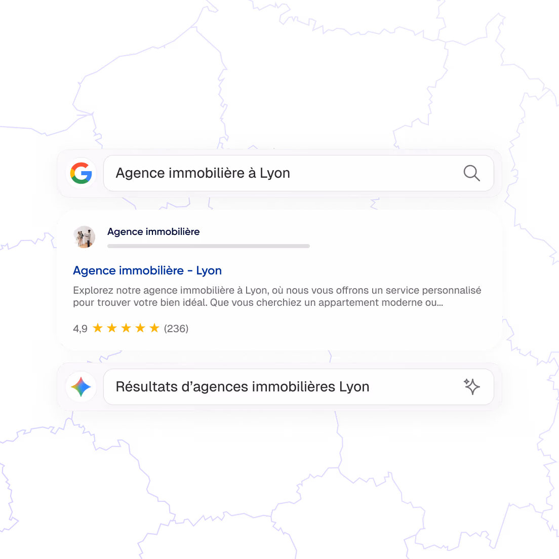 Capture d'écran d'une recherche Google pour 'Agence immobilière à Lyon' montrant un résultat avec une note de 4,9 étoiles basée sur 236 avis.