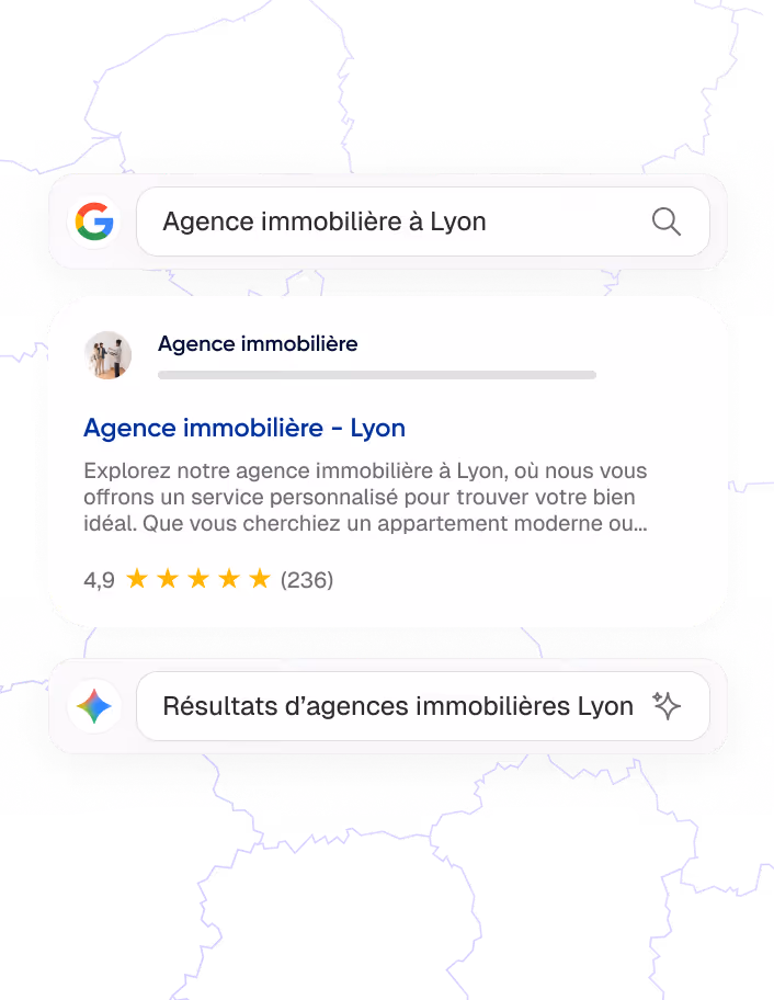 Capture d'écran d'une recherche Google pour une agence immobilière à Lyon avec un résultat affichant une agence locale bien notée à 4,9 étoiles sur 236 avis.