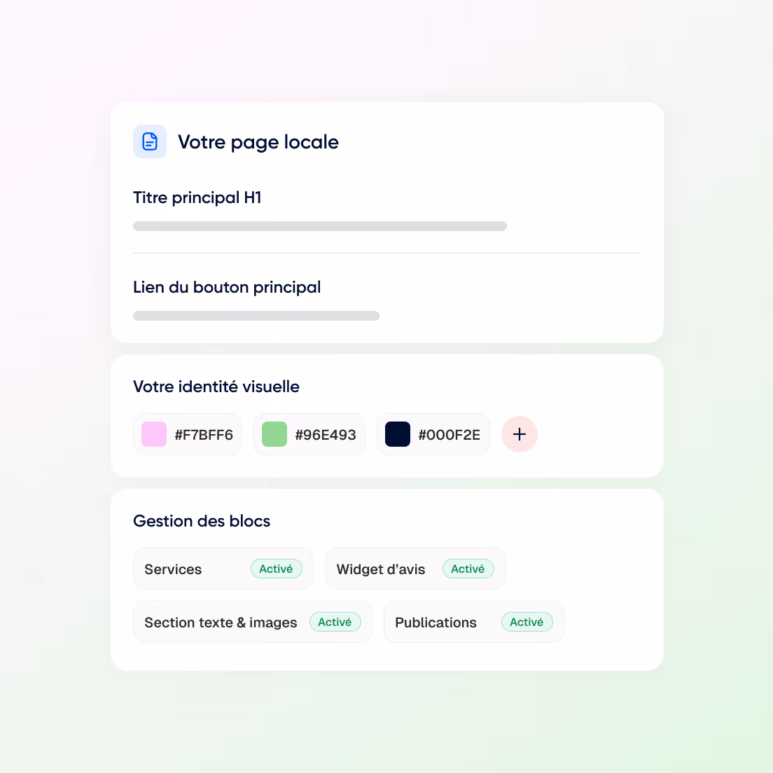 Interface de gestion avec sections pour titre principal, lien de bouton principal, palette de couleurs (#F7BFF6, #96E493, #000F2E), et modules activés (Services, Widget d'avis, Section texte & images, Publications).