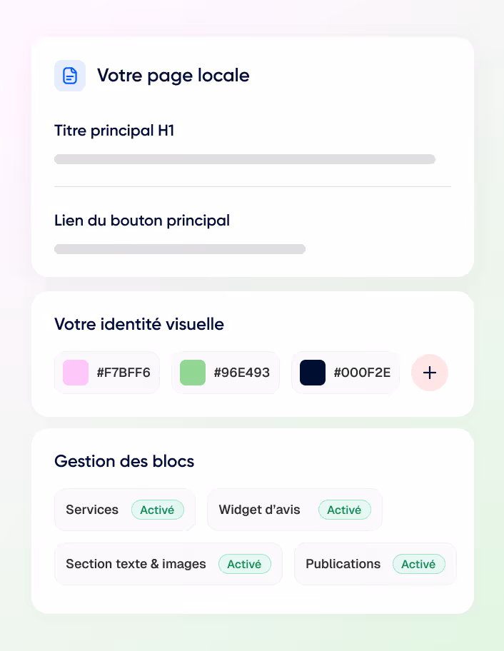Interface utilisateur montrant la configuration d'une page locale avec titre principal, lien de bouton, identité visuelle avec codes couleur et gestion des blocs activés pour services, widget d'avis, sections texte & images, et publications.