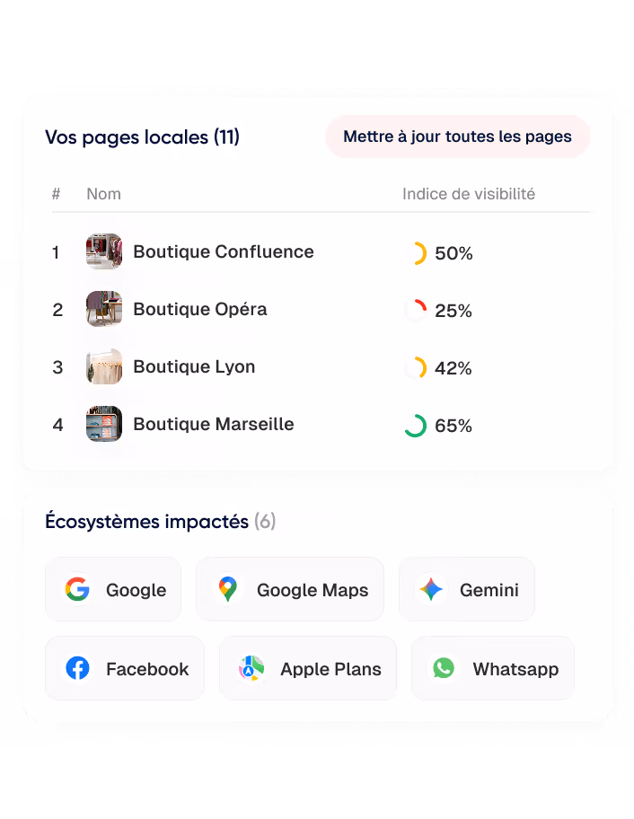 Tableau montrant l'indice de visibilité de quatre boutiques locales avec un bouton pour mettre à jour toutes les pages et six écosystèmes impactés, incluant Google, Google Maps, Gemini, Facebook, Apple Plans, et Whatsapp.
