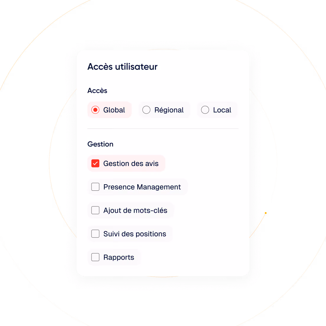 Panneau de contrôle d'accès utilisateur avec options Global, Régional, Local, et gestion des avis cochée.
