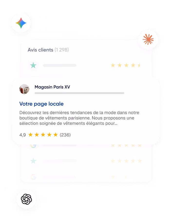Extrait d'avis clients pour Magasin Paris XV avec une note moyenne de 4,9 étoiles sur 236 avis pour une boutique de vêtements parisiens.