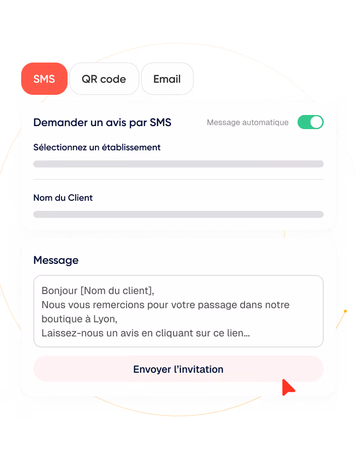 Interface de demande d'avis par SMS avec options pour sélectionner un établissement, nom du client, message type remerciant pour la visite à Lyon, et bouton Envoyer l'invitation.