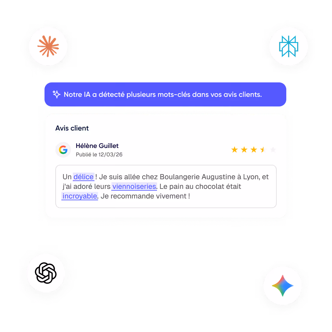 Capture d'écran d'un avis client en français avec une évaluation de 3,5 étoiles, mentionnant des mots-clés soulignés comme délice, viennoiseries et incroyable.