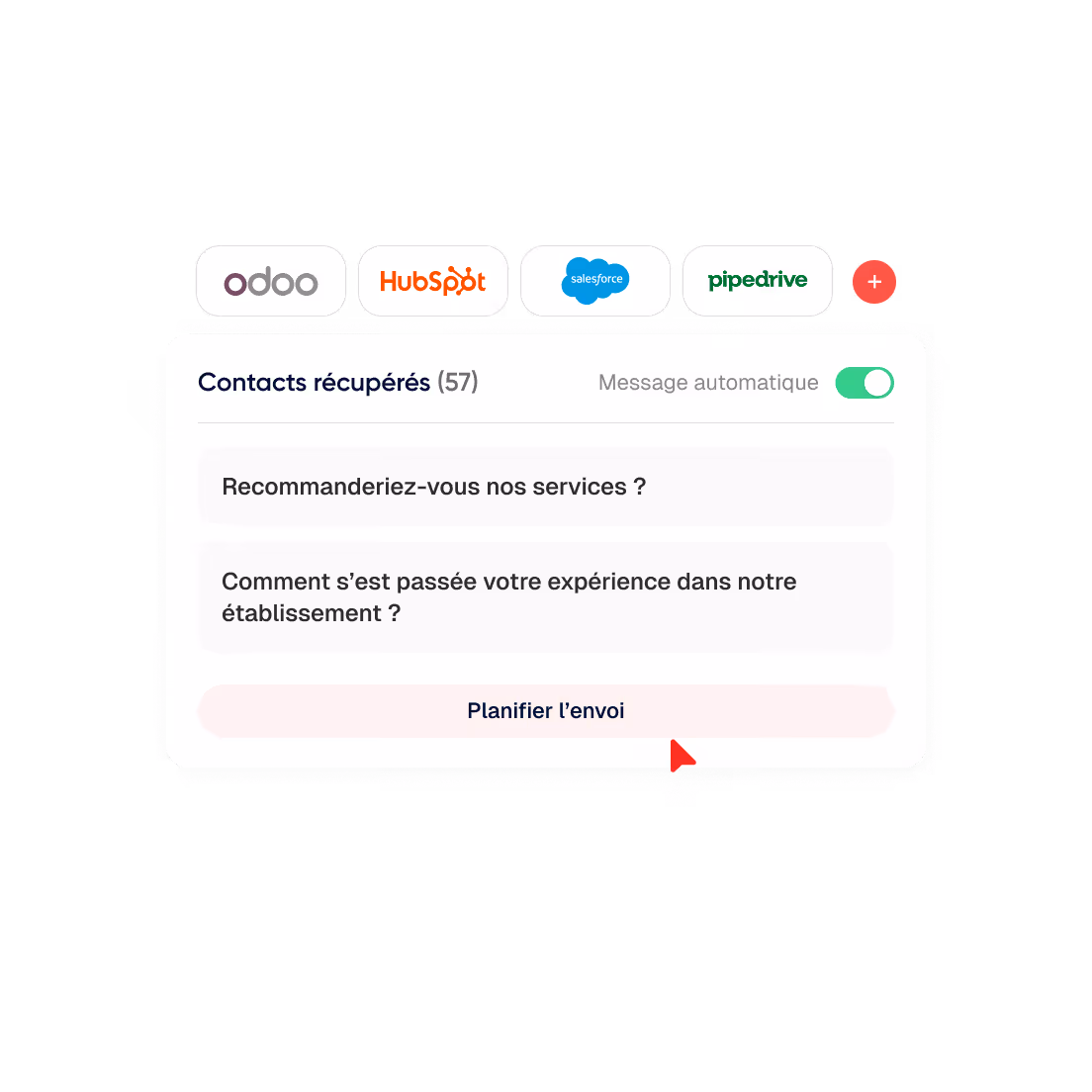 Interface montrant une liste de contacts récupérés avec 57 contacts, un bouton pour planifier l'envoi d'un message automatique et des logos d'intégration CRM en haut.
