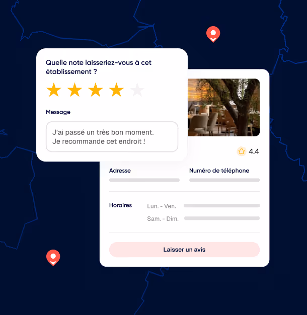 Interface d'avis pour un établissement avec une note de 4 étoiles, un message positif, un aperçu photo, et des informations sur l'adresse, téléphone, horaires, et un bouton pour laisser un avis.