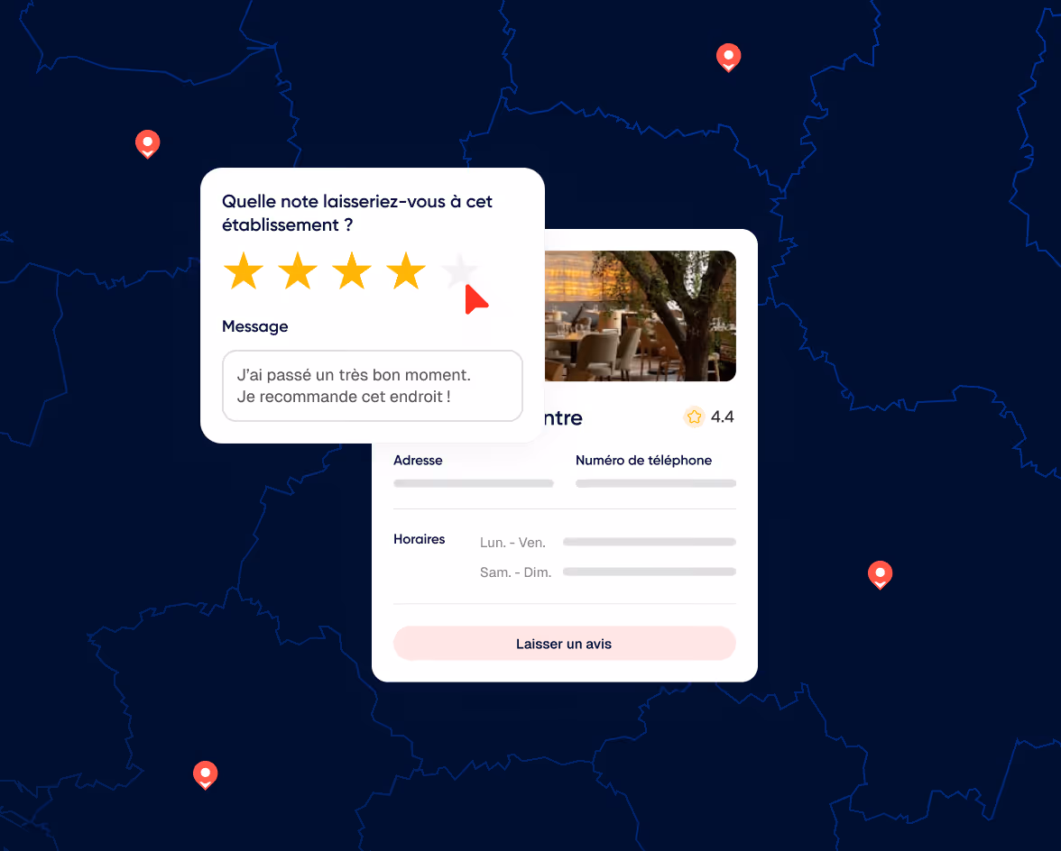 Carte avec des épingles de localisation et une fenêtre de notation affichant 4 étoiles sur 5, un message positif et les informations d'un établissement avec un bouton pour laisser un avis.