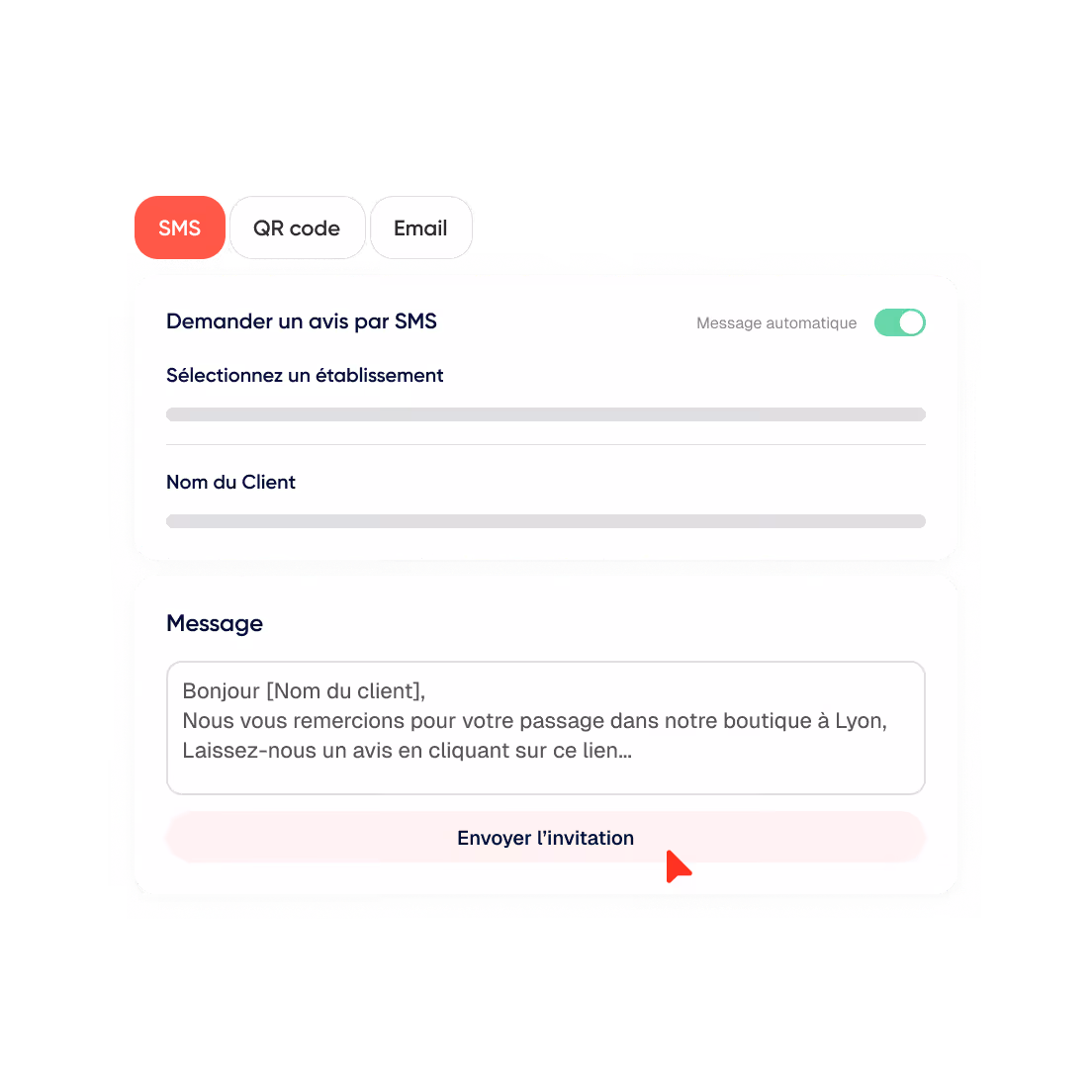 Interface de demande d'avis par SMS avec champs pour sélectionner un établissement et entrer le nom du client, un message prérempli et un bouton pour envoyer l'invitation.