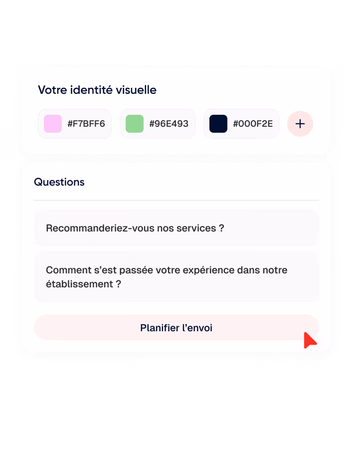 Interface utilisateur en français montrant une section intitulée 'Votre identité visuelle' avec trois échantillons de couleurs et une section 'Questions' avec deux questions en français et un bouton 'Planifier l'envoi'.
