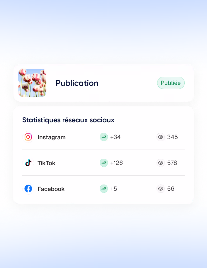 Statistiques de publication sur les réseaux sociaux : Instagram +34 réactions, 345 vues ; TikTok +126 réactions, 578 vues ; Facebook +5 réactions, 56 vues.