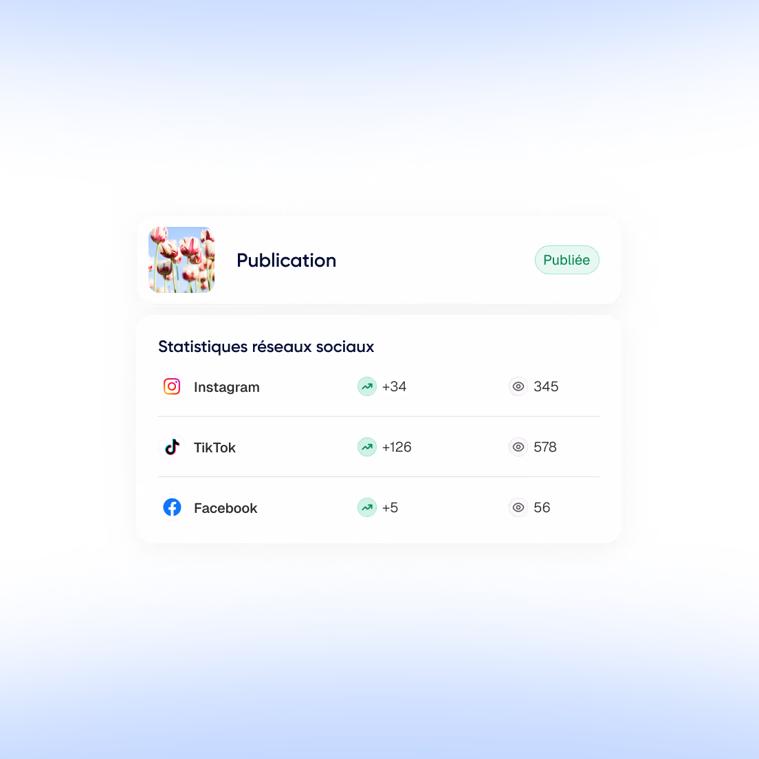 Statistiques de publication sur les réseaux sociaux montrant Instagram avec +34 interactions et 345 vues, TikTok avec +126 interactions et 578 vues, et Facebook avec +5 interactions et 56 vues.