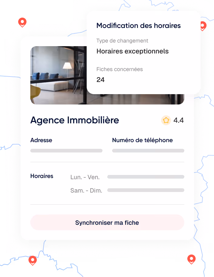 Carte avec des emplacements marqués et une fiche d'agence immobilière affichant la note 4,4, les horaires et un bouton pour synchroniser la fiche, avec une notification indiquant une modification d'horaires exceptionnels concernant 24 fiches.