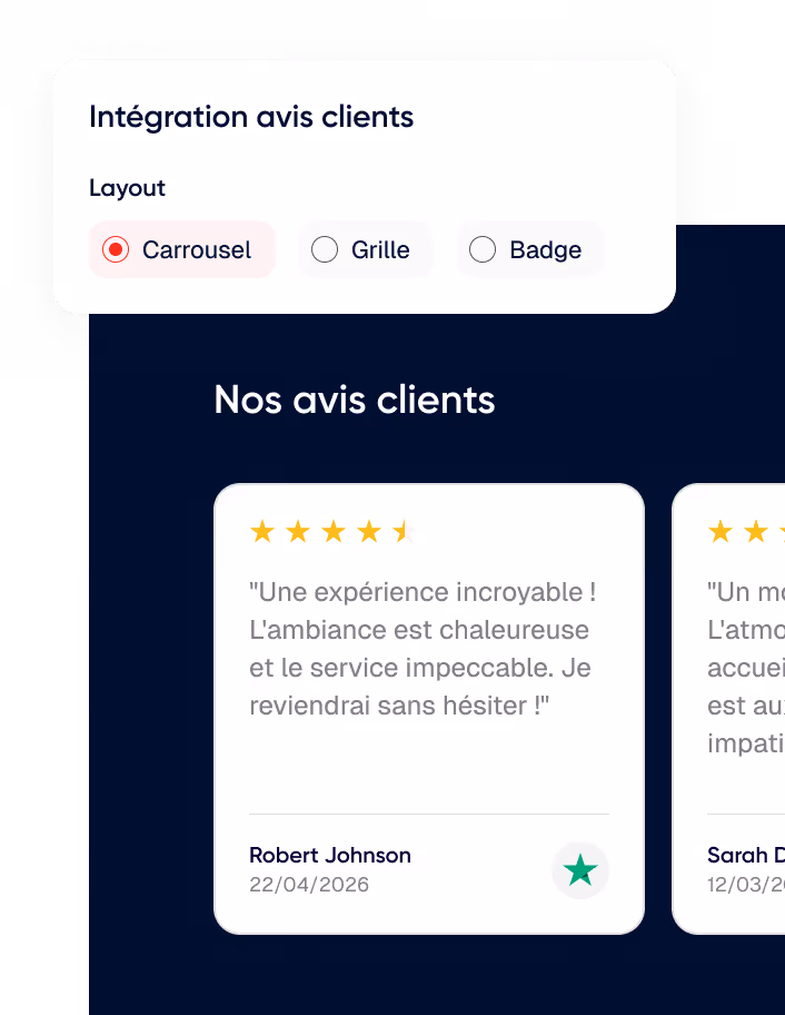 Extrait d'une interface montrant une section d'intégration d'avis clients avec une option de layout sélectionnée sur Carrousel, et un avis client avec une note de 4,5 étoiles, un commentaire positif et la date.