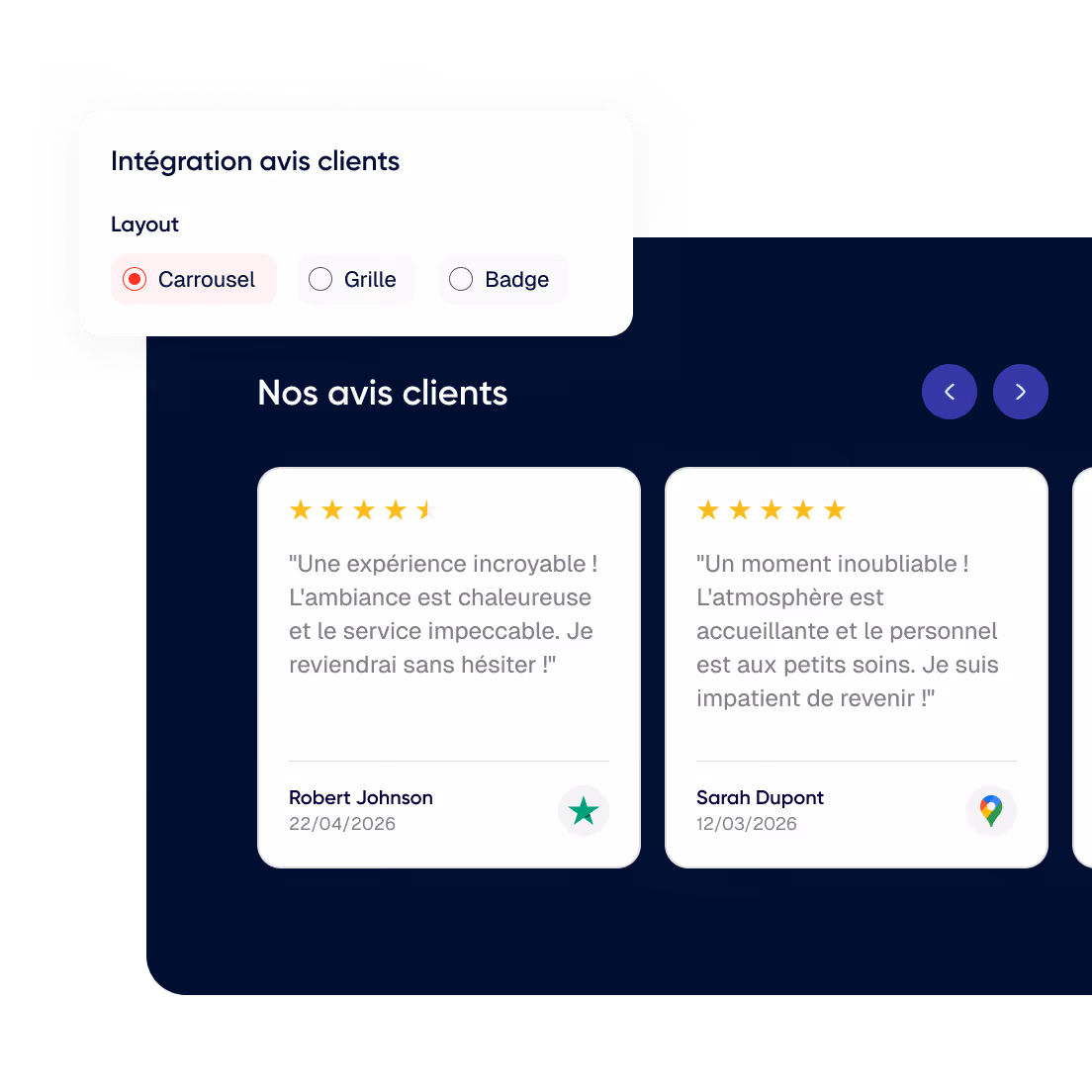 Interface d'intégration d'avis clients avec un choix de layout en carrousel, affichant deux avis notés respectivement 4,5 et 5 étoiles de Robert Johnson et Sarah Dupont.