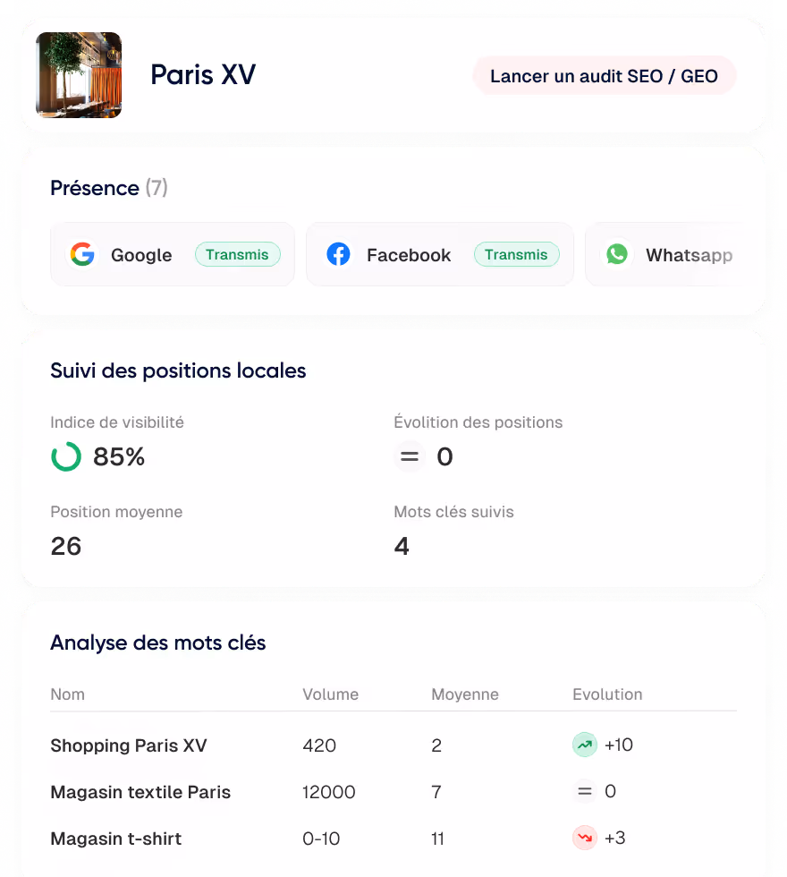 Tableau de bord SEO montrant la visibilité locale de Paris XV avec un indice de 85%, position moyenne 26, et analyse de mots clés incluant Shopping Paris XV, Magasin textile Paris et Magasin t-shirt.