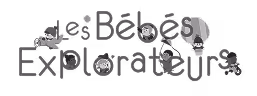 Logo des Bébés Explorateurs avec des illustrations de bébés jouant autour du texte.