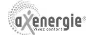 Logo d'Axenergie avec un cercle formé de petits points autour de la lettre X et le texte 'Vivez confort'.
