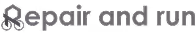 Texte stylisé gris avec des ciseaux formant la lettre 'd' dans 'repair and run'.