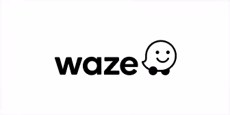 Logo de Waze avec un visage souriant intégré à une voiture stylisée.