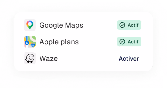 Liste des applications : Google Maps et Apple plans sont actives, Waze peut être activée.