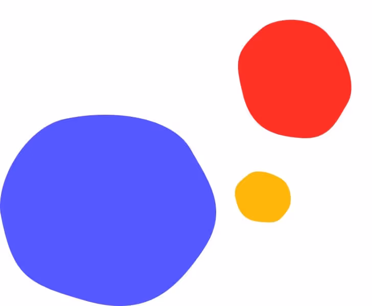 Trois formes organiques abstraites de couleurs différentes: une grande forme bleue, une forme rouge moyenne et une petite forme jaune sur fond blanc.