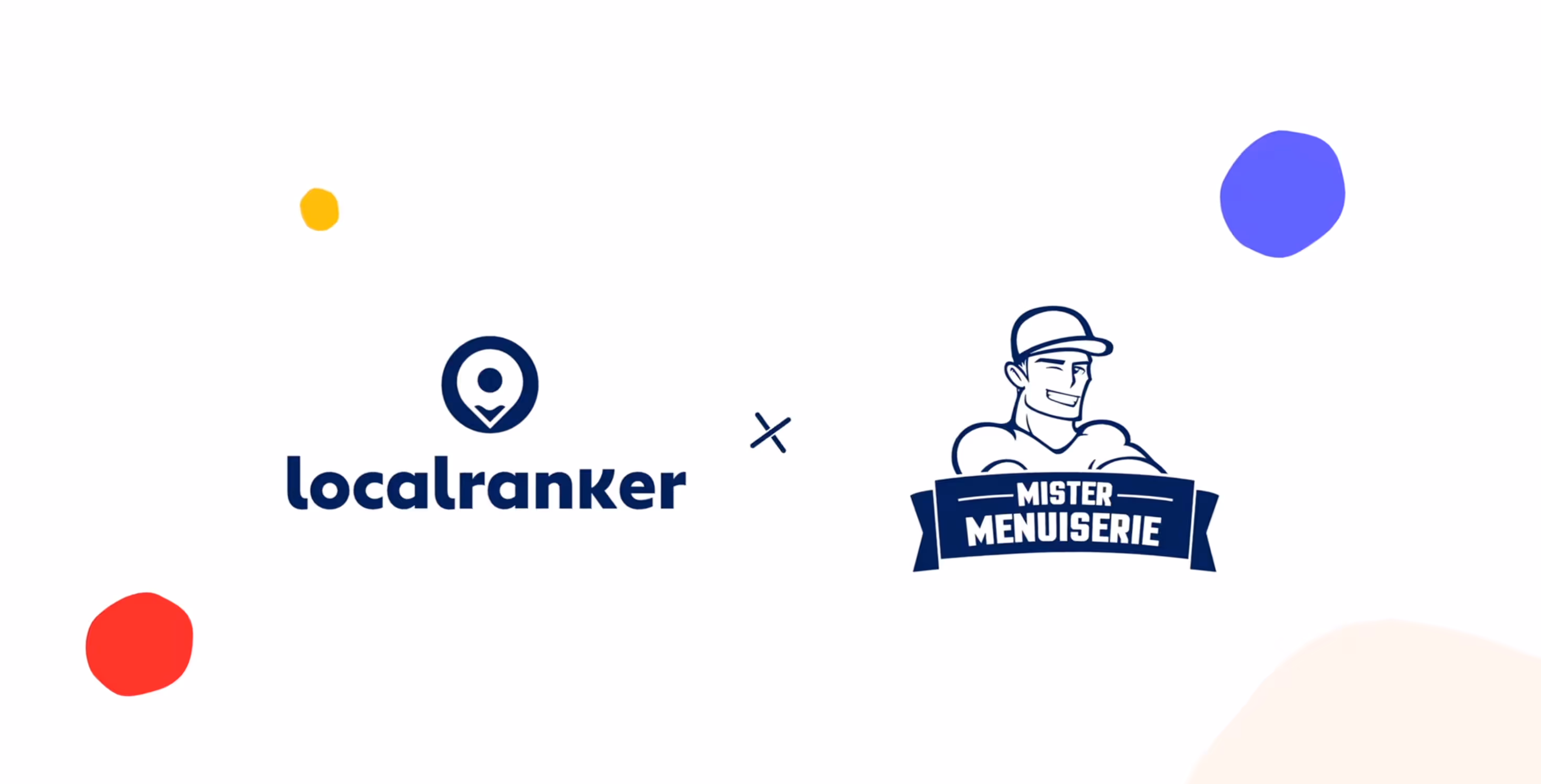 Logos de localranker et Mister Menuiserie avec des formes colorées en arrière-plan.