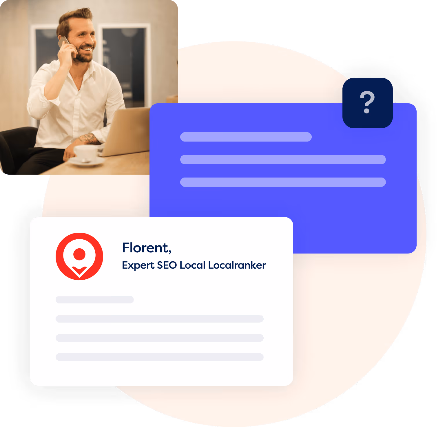 Homme souriant en chemise blanche parlant au téléphone à côté d'un ordinateur portable, avec une carte de présentation numérique indiquant Florent, expert SEO local Localranker.