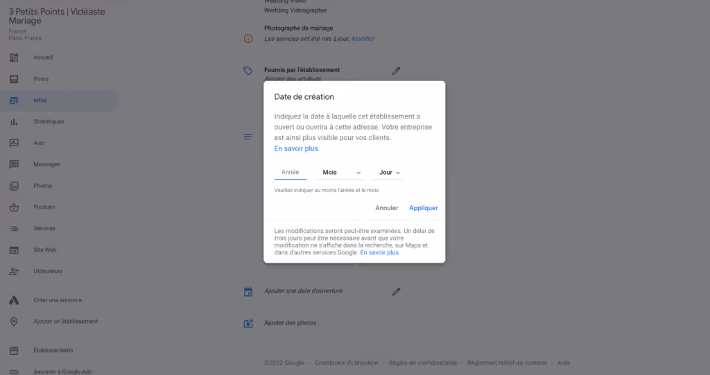 date de création fiche google business